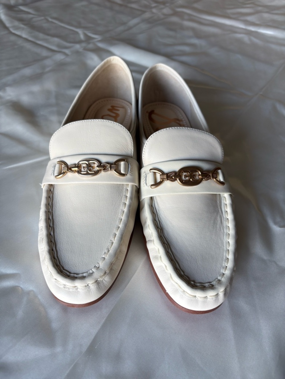 Sam Edelman White Leather Loafers with Gold Chain Hardware